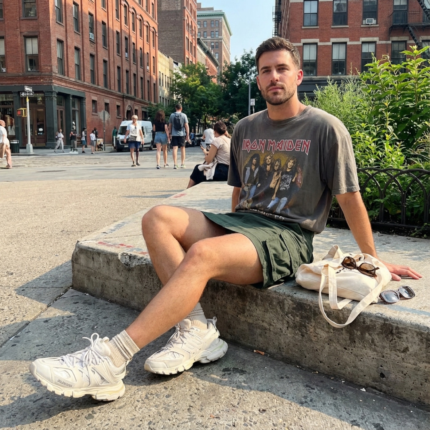 Mann sitzt auf einer Steinstufe in der Stadt, olivgrüner knielanger Cargo-Rock, Vintage-Bandshirt, weiße Sneaker und Canvas-Tasche